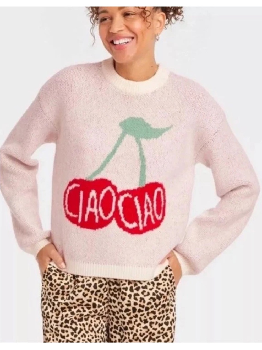 NWT A New Day White Multicolor Ciao Ciao Cherry Print Crewneck Sweater